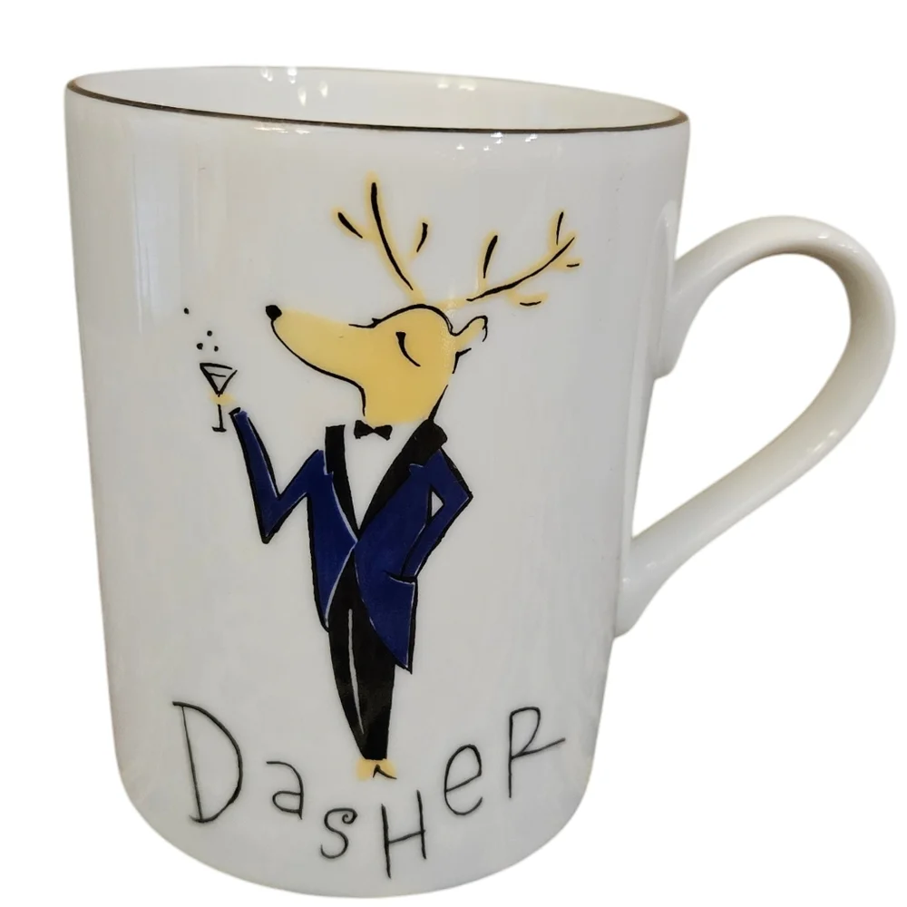 Pottery Barn Santa Reindeer Mugs, Set of 4, Dasher Dancer Prancer Vixen